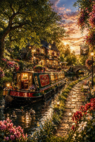 Narrow boat canal wall print - narrow,