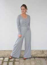 EX F&F GREY RIBBED BUTTON FRONT BELTED WIDE LEG LOUNGE WEAR/JUMPSUIT SIZE S/ MED
