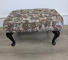 Vintage Floral Tapestry Footstool With Wooden Queen Ann Legs - Home Decor