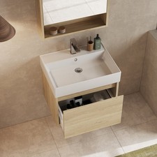 Wall Hung Vanity Unit 600mm Bathroom Cabinet 2 Drawers & Deep Basin Light Oak