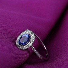 Natural Tanzanite and Diamonds 14K White Gold Double Halo Engagement Ring q974