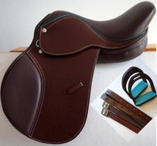 14" 15" Teal Trim Brown WIDE PoNy  YoUtH EngLish SaddLe JuMp Close Contact-3pc