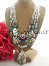 3rows white Moonstone Abalone Shell labradorite Necklace 18"