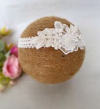 Baptism Christening Headband in OFF WHITE Lace Daisy Flowers and Pearls