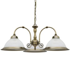 Vintage Ceiling 3 Light Antique Brass Pendant Light Ribbed Glass Lamp Shade K431