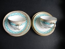 PAIR MINTON SPLIT HANDLE CUP, SAUCER TEA PLATE TRIOS TURQUOISE GOLD C.1850
