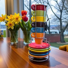 Pier 1 One Demitasse Espresso Coffee 6 Cups Saucers Rainbow Stacked In Stand Set