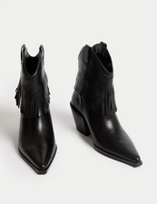 M&S Black  Leather Cowboy  Fringed Ankle Boots Size 5 BNWT