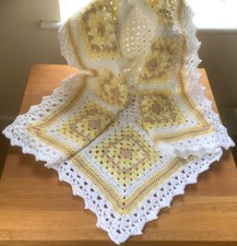 Crochet baby blanket. Handmade. White, yellow and beige. 100% to charity.