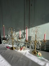 Antique French Brass & crystal 2 Arm Candelabra Candle Holders, a pair.