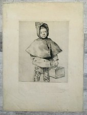 Antique Eau Forte Signed And Authenticated: Young Boy Carrying One Cage Bird