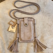 Promod Beige 100% Cowhide Suede Crossbody Card/phone bag, Braided strap, fringe
