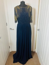 Virgos Lounge Navy Blue Beaded Long Dress - Size 14 - Gold Evening