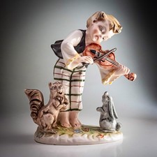 Italian Porcelain Figurine Boy Playing Violin With Squirrel & Rabbit Italy 571