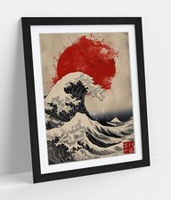 HOKUSAI STYLE WAVE WITH RED SUN BEDROOM FRAMED WALL ART POSTER PRINT 4 SIZES