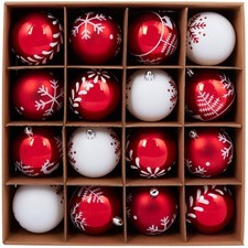 Set of 18 Santas Chalet Bauble Red Christmas Tree Decorations Festive Patterns-N