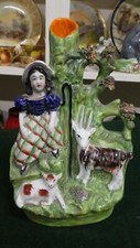 Antique Victorian Staffordshire Spill Vase of Scottish Shepherdess & Goat  Sheep