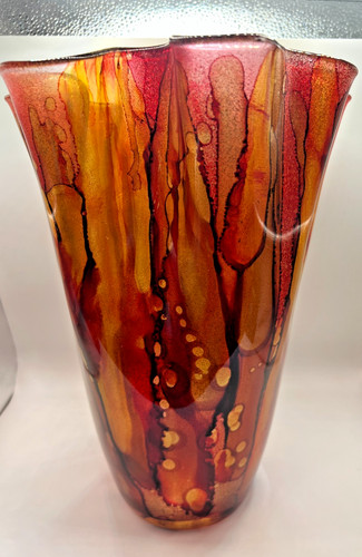 Orange red art glass vase - art,