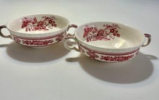 2 Vintage MASON’S Vista Pink Ironstone Cream Two Handled Soup Bowls, England