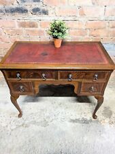Vintage Red Leather Top Writing Desk On Curved Legs