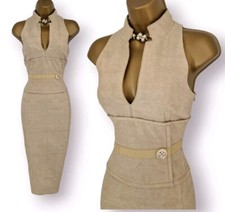 Karen Millen Beige Oriental Obi Chinese Jacquard Wiggle Occasion Dress UK 10