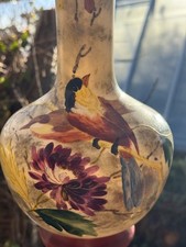 ANTIQUE VICTORIAN LARGE OPALINE Or MILK GLASS BIRD/FLORAL VASE Some Gilding 12"