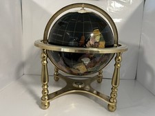 Large Gemstone Globe On Brass Stand Mother Of Pearl Black - Compass Damaged -