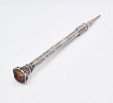 VICTORIAN SOLID SILVER CITRINE TOP SLIDE PROPELLING PENCIL c1870