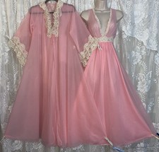Vtg P S INTIME Pink Db Sheer Chiffon PRINCESS Peignoir Robe Nightgown w Lace SET