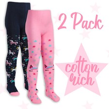 2 Pack Girls Tights Cotton Rich Novelty Pattern Unicorn Thick Warm Uniform Stars