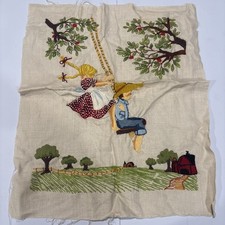 Vintage Crewel Embroidery Farmyard Kids In Swing Trees Landscape 22” X 19”