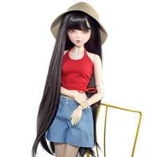 56cm Height Pretty Girl Doll Vest Shorts Black Wig Makeup Face Lifelike BJD Toy