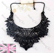 BIG BLACK FILIGREE fashion COLLAR NECKLACE bib choker VINTAGE STYLE LACE DETAIL