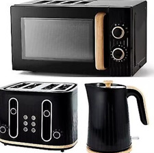 Wood Textured Scandi Kettle Toaster and Microwave Set Stylish Kitchen in BLACK