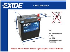 Car Battery EB356 Exide 054 240A 35Ah 4Yr Warranty 187x127x220 Excell