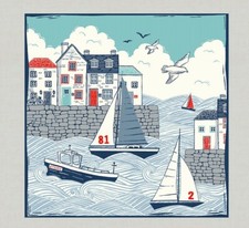 Fabric Picture Panel Harbour Boats Cushion Size 27x27cm Quilting Tote Bag Craft