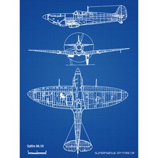 Supermarine Spitfire 5b Fighter Plane Blueprint Plan Large Wall Art Print 18X24