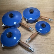 Le Creuset Blue Cast Iron Pan Set with Lids x4 (14, 18, 20, 22) - Wooden Handles