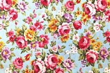 Cotton Fabric - Pink Vintage Roses on Sky Blue  - Craft Fabric Material Metre