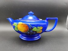 H&K Tunstall Teapot Cobalt Blue With Fruit Design Peach & Grapes Lidded S6499