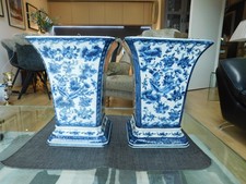 Lovely Pair of Vintage Blue & White Pagoda Glazed Planters