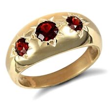 9ct Yellow Gold Gents Garnet Ring Three Stone Gypsy Setting Fully Hallmarked