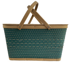 Vintage Green Wicker And Wood Picnic Basket Cottagecore Cottage Decor