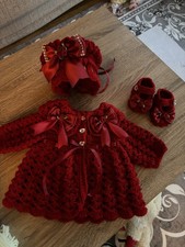 Romany Hand Crochet Bonnet And Cardigan Babies Newborn  Bling Bows and Rose Buds