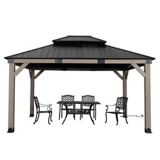 Aoodor 12'x14' Hardtop Gazebo with Wooden Frame 2-Tier Steel Roof and Outlets