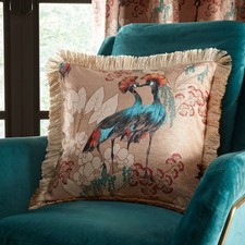 Mariba Gold Peacock Cushion Cover 45x45cm – Botanical Print, Teal Accents fringe