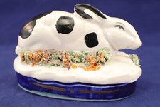 English Staffordshire Mantle Bunny Rabbit Hare Figurine Hand Painted Ceramic Vtg