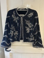 Stunning Zara Sequin Beaded Navy/green/Silver Velvet Jacket Size M