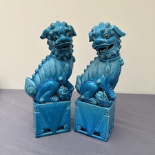 Pair Of Chinese Foo Dogs In Vintage Blue Glazed Porcelain 36.5cm Tall.   