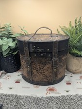 Vintage Hand Made Wood And Leather Hat Box Carry Travel Case Purse Tote